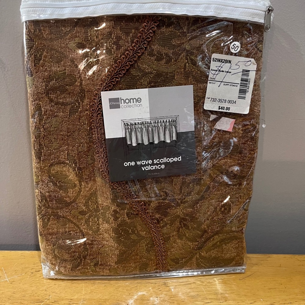 JCPenney Home Dynasty Chenille Scalloped Valance Gold Floral Damask Vtg‎ 52x20